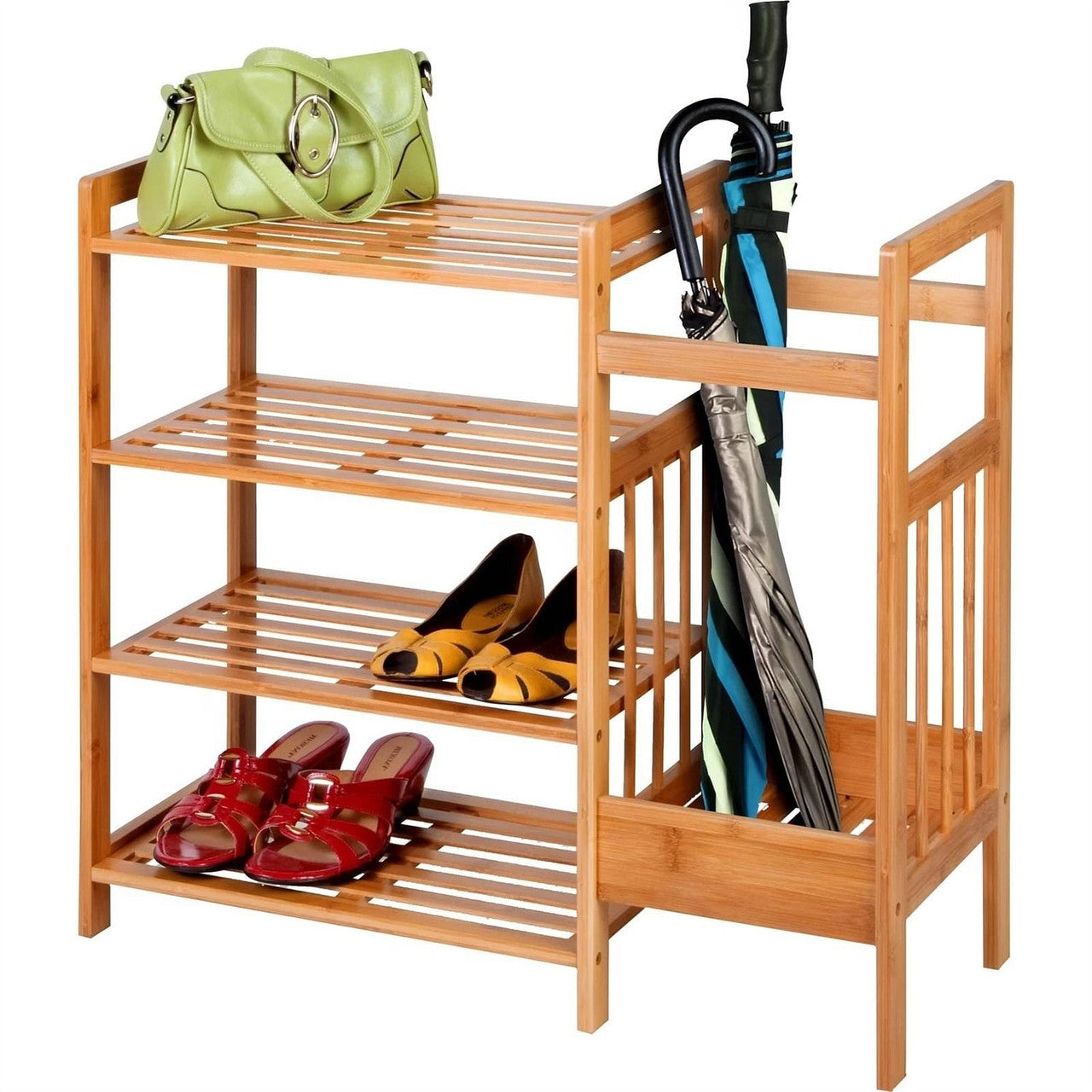 2-Shelf Entryway Shoe Rack Bench with Bla2-in-1 Entryway 4-Shelf Bamboo Shoe Rack and Umbrella Hold-2