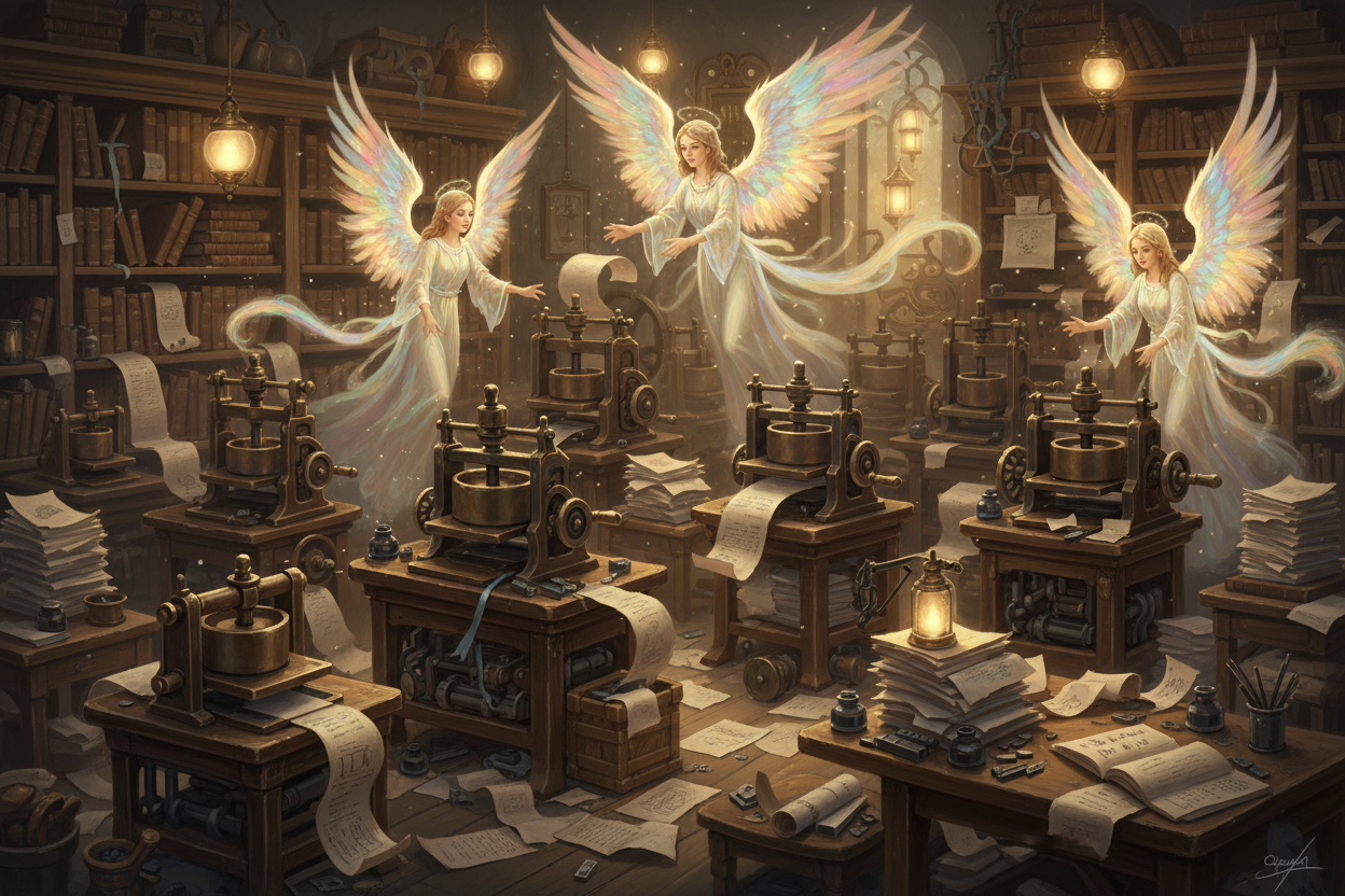 print shop with a lot of printers, a bit messy, lots of books, stacks of papers that have been printed whimsical run by angels that have a glow about them